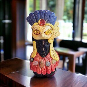 Vintage 1970's Obsidian Aztec Warrior Eagle Headdress with Semi Precious Stones